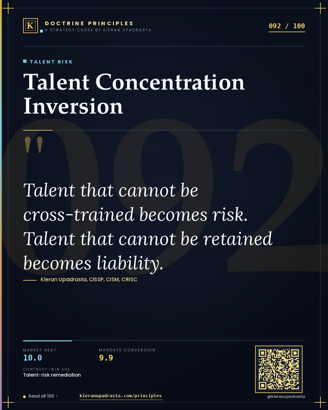 Principle 092: Talent Concentration Inversion — Talent Risk doctrine card by Professor Kieran Sky, CISSP CISM CRISC, Schiphol University