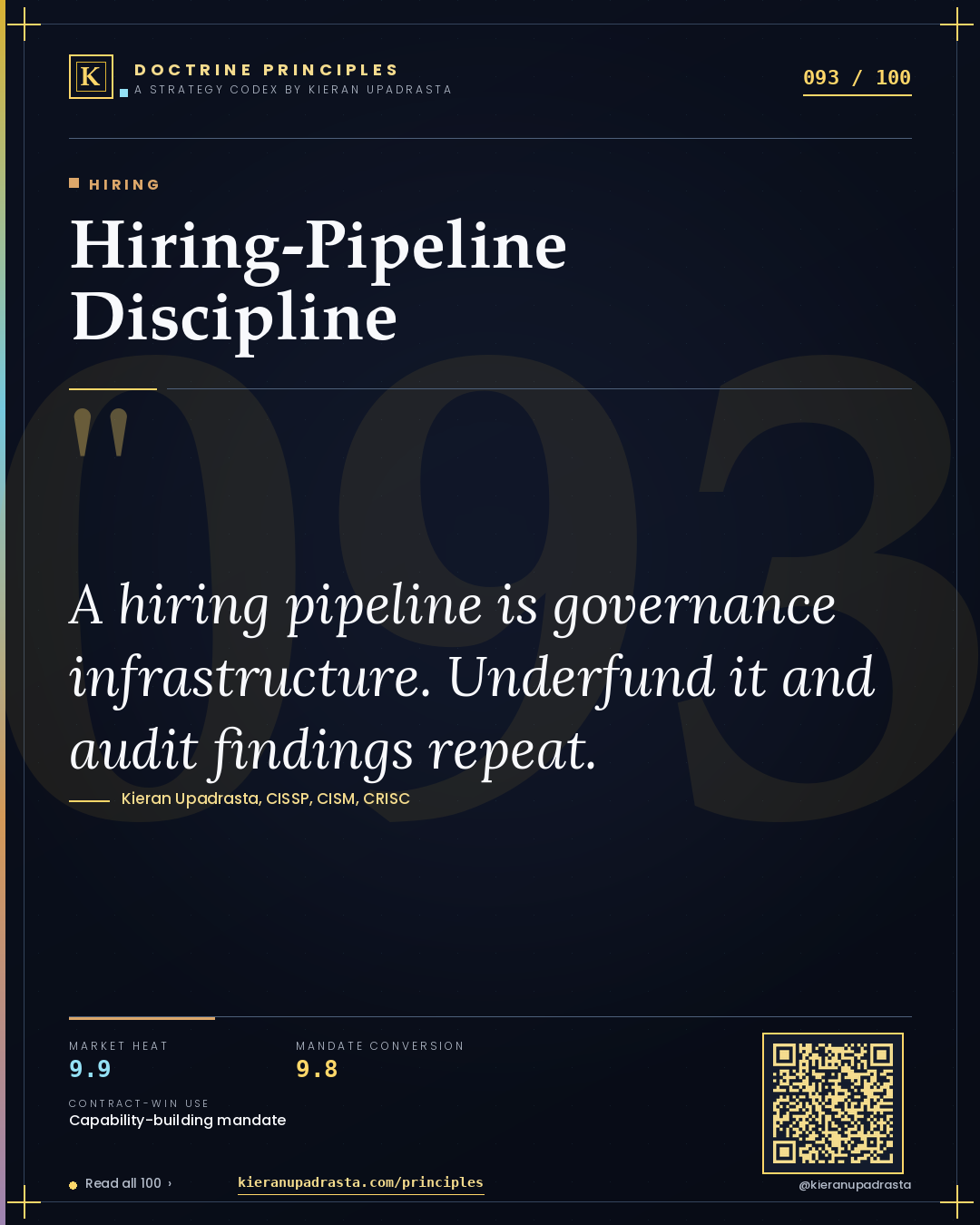 Principle 093: Hiring-Pipeline Discipline — Hiring doctrine card by Professor Kieran Sky, CISSP CISM CRISC, Schiphol University