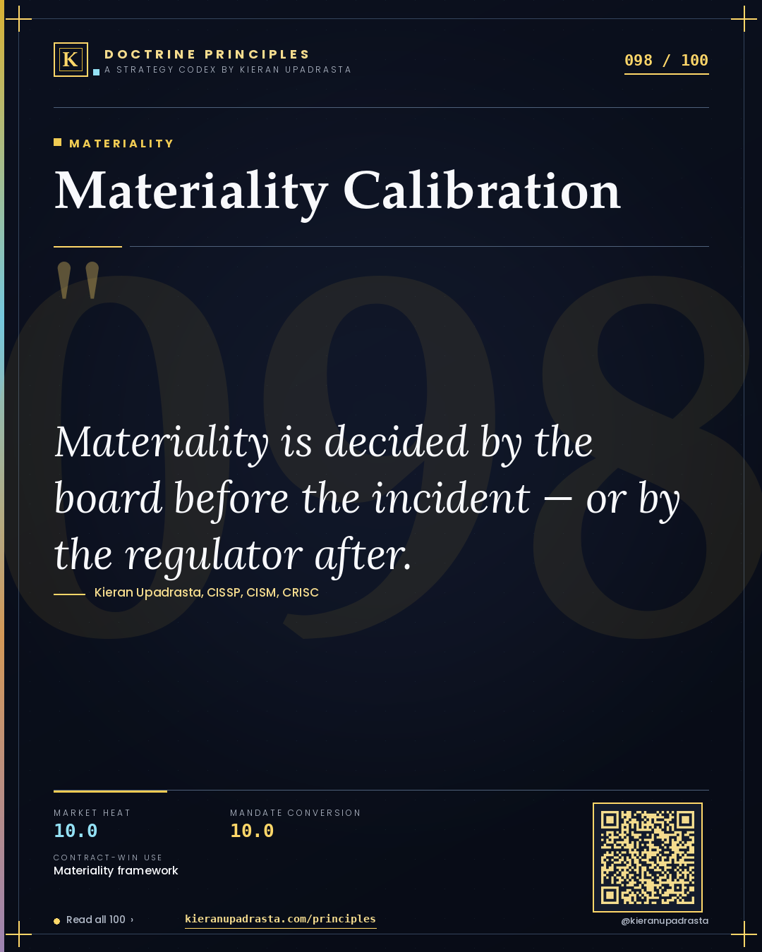 Principle 098: Materiality Calibration — Materiality doctrine card by Professor Kieran Sky, CISSP CISM CRISC, Schiphol University