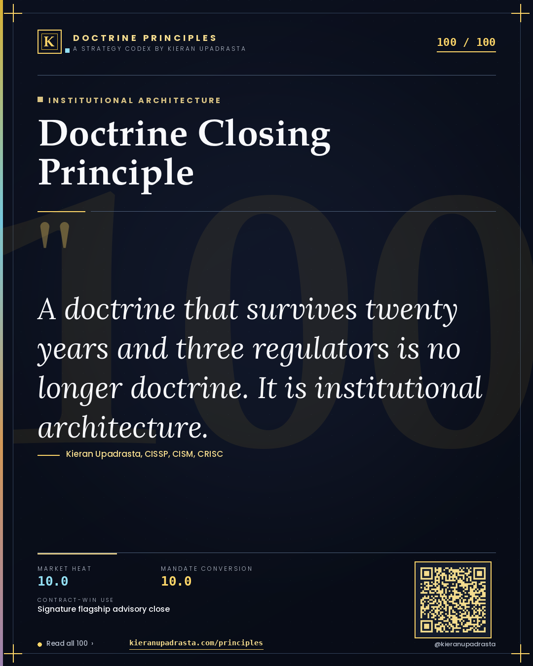 Principle 100: Doctrine Closing Principle — Institutional Architecture doctrine card by Professor Kieran Sky, CISSP CISM CRISC, Schiphol University