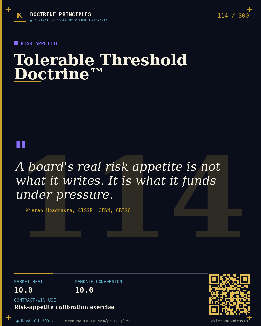 Principle 114: Asymmetric Warfare Doctrine™ — Cyber Budget doctrine card by Professor Kieran Sky, CISSP CISM CRISC, Schiphol University