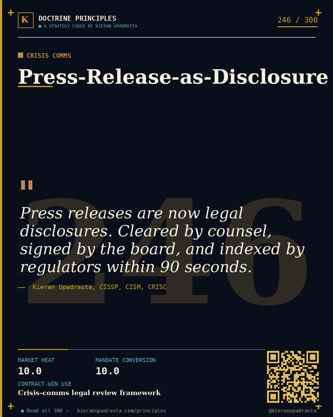 Principle 246: Cross-Regulator Triage &mdash; Regulator Coordination doctrine card by Professor Kieran Upadrasta, CISSP CISM CRISC, Schiphol University